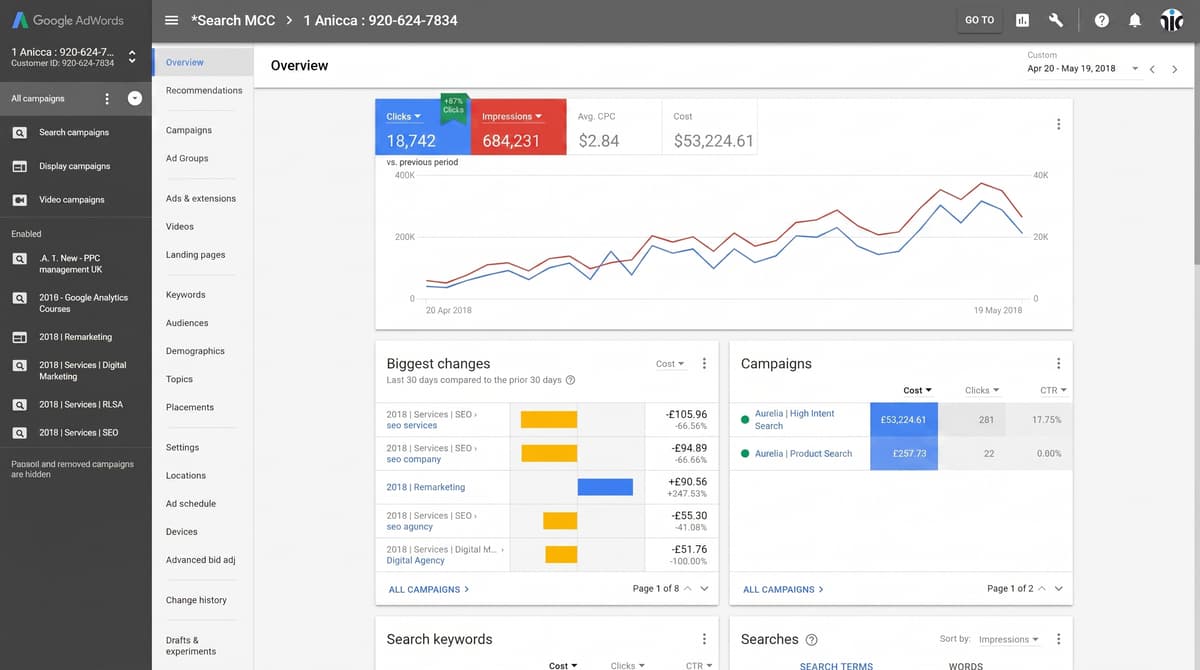 Google Ads campaign growth dashboard showing performance data