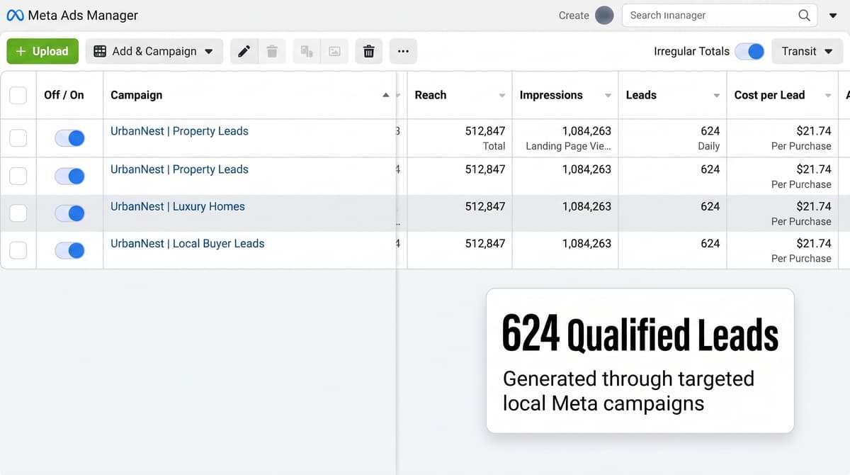 Meta Ads Manager lead dashboard showing lead generation data