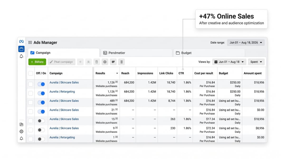 Meta Ads Manager dashboard displaying campaign performance