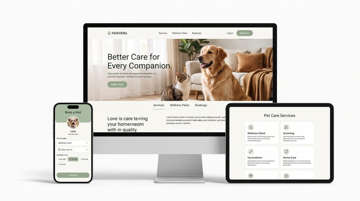 Pet care brand design mockup showing modern UI design