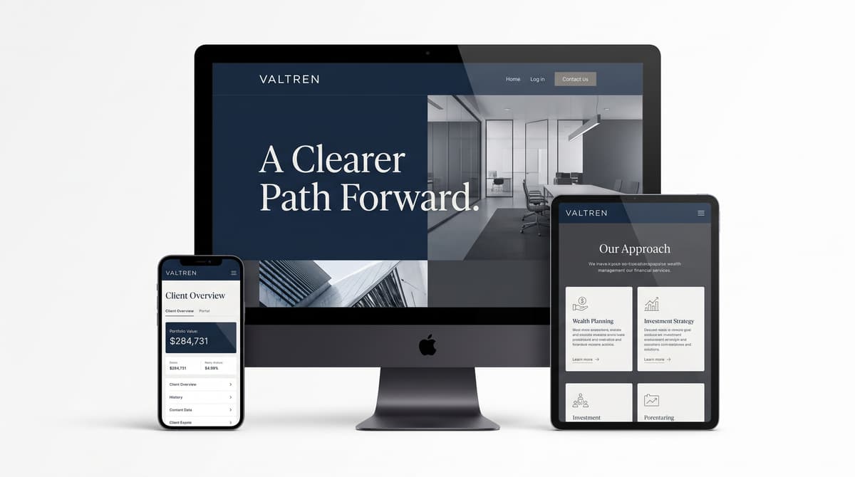 Financial services website mockup on white background