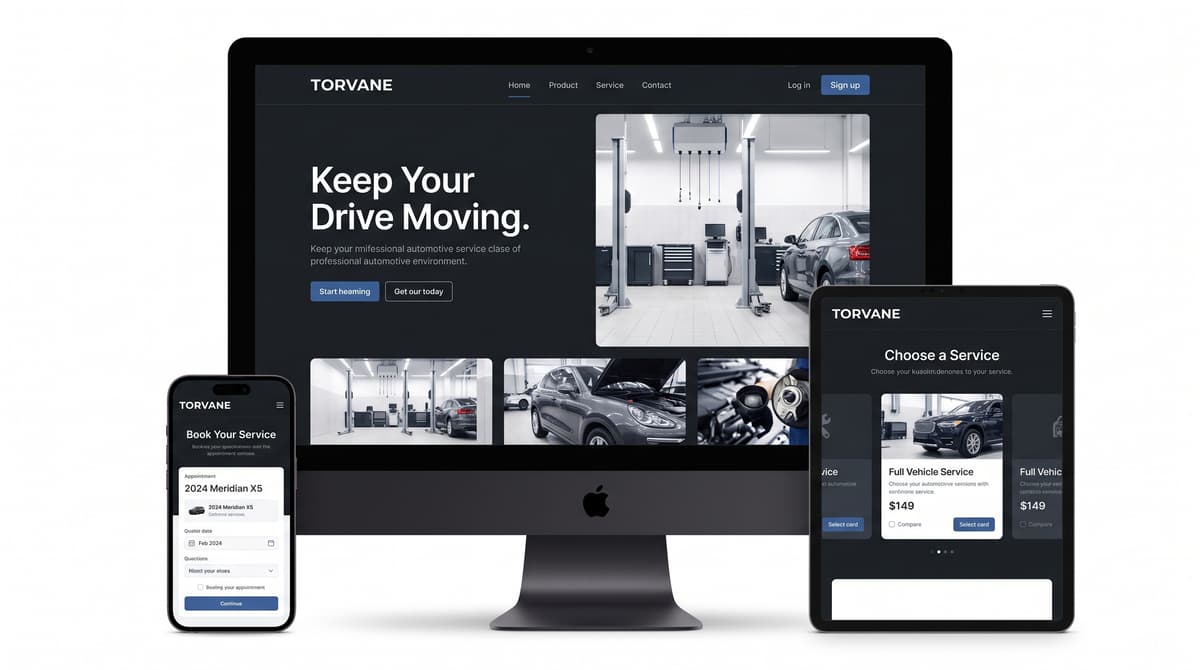 Automotive service UI mockups showing responsive design
