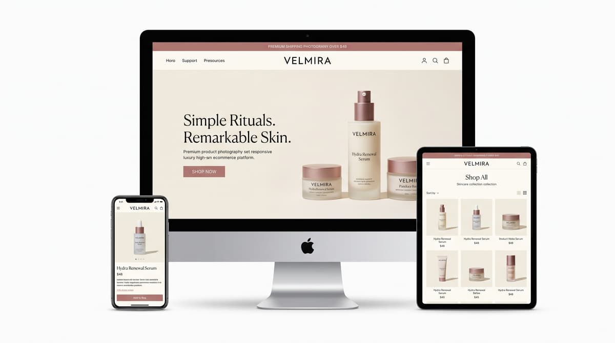 Skincare ecommerce mockup displayed on multiple devices
