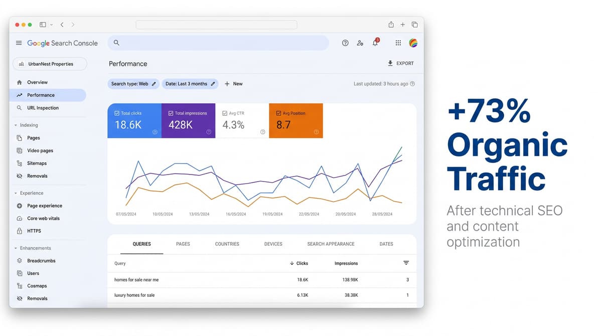 Search Console performance dashboard showing SEO analytics and data
