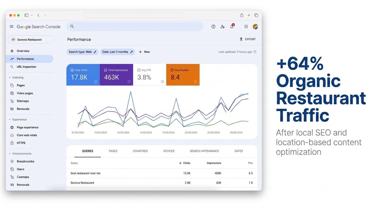 Dashboard showing restaurant SEO performance and analytics