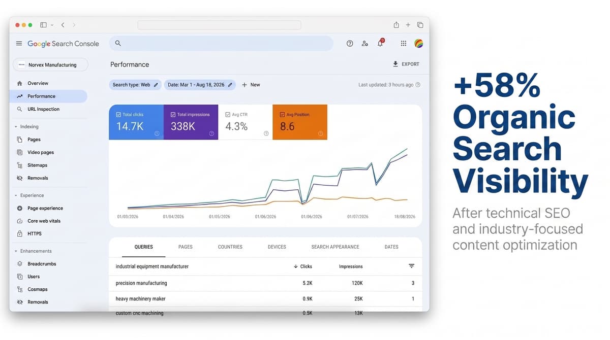 SEO dashboard showing search growth and keyword performance