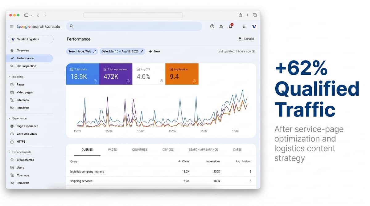 Varelio Logistics SEO dashboard showing search performance