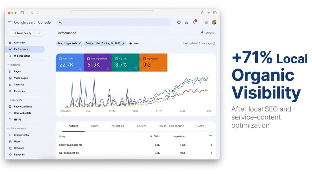 Solvane Beauty SEO dashboard display showing performance metrics