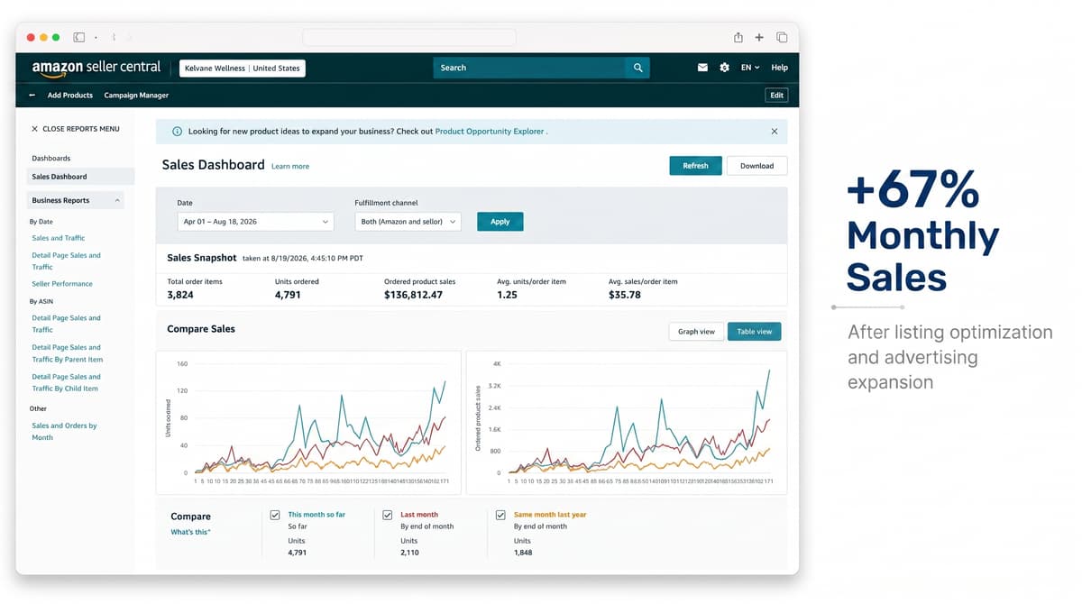 Sales snapshot showing monthly growth and Amazon revenue performance